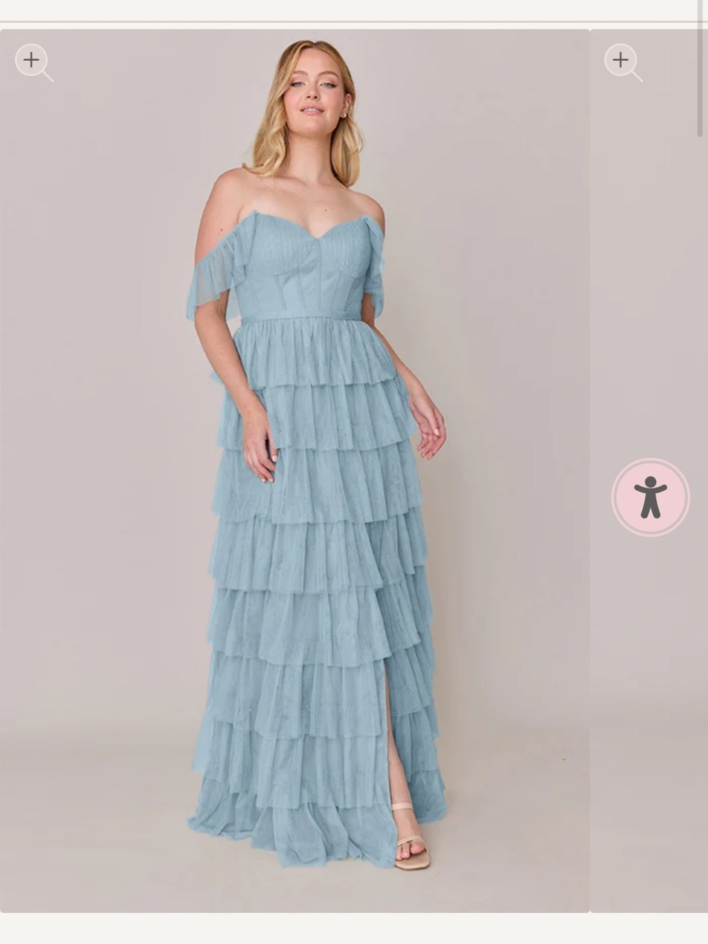 Revelry Dusty Blue Off-Shoulder Tiered Maxi Gown